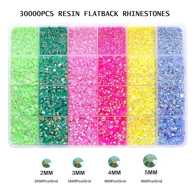 30000PCS Resin Flatback Rhinestones Kit, Jelly Resin Non-Hotfix Rhinestones for Crafts DIY Design, Tumblers, Clothes, Makeup, Nail Art 2mm, 3mm, 4mm, 5mm (Pink Green Rhinestones)