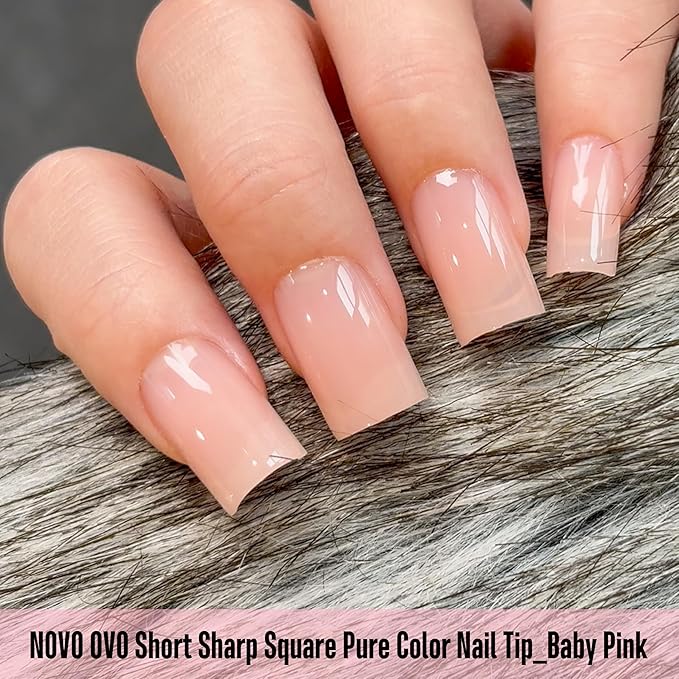NOVO OVO Short Sharp Square Nail Tips Press on Pure Color BABY PINK, Need Builder Gel Top Coat Nail Glue, Soft Gel Matte Fake Nail Extension, Full Cover False Nails for Salon DIY x 15 Sizes 240 pcs
