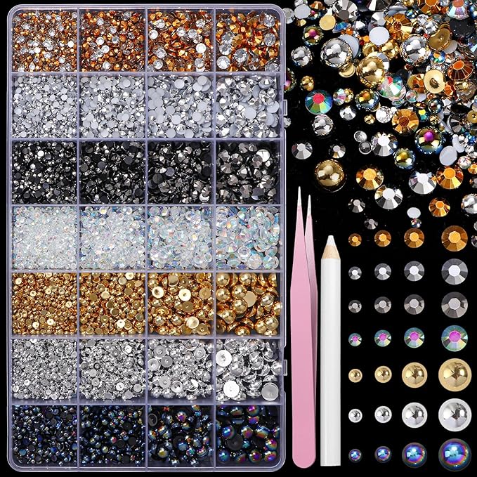 22000 Pcs Mixed Black Silver Gold Flatback Pearls and Rhinestones Bedazzling Kit, Resin Rhinestones Gems for Crafting, Mixed Size Half Pearls Gems for Nails Face Eyes Makeup Bottles Shoes DIY