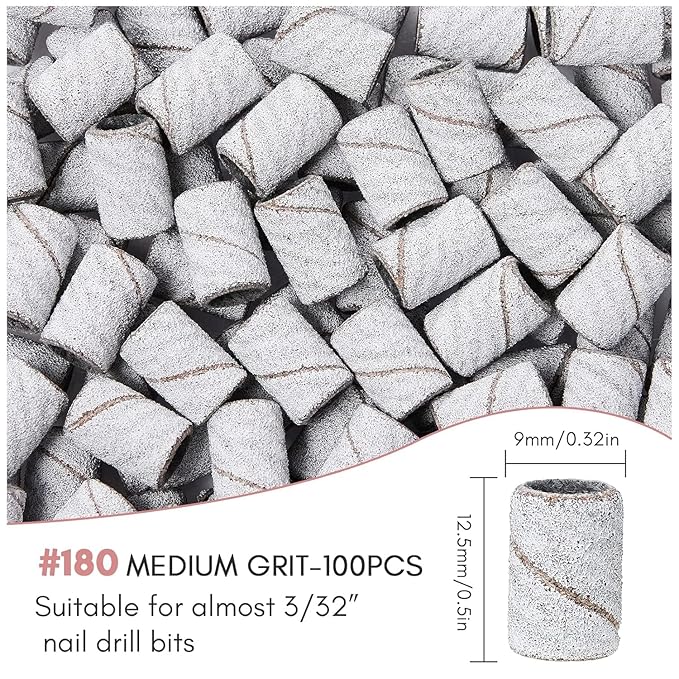 Makartt Sanding Bands for Nail Drill-100 Pcs Nail File Sanding Bands for Drill Bits #180 Medium Grits for Acrylic Nails Gel Removing and Shaping, Upgrade Thicker Durable Sanding Drill Bit, White