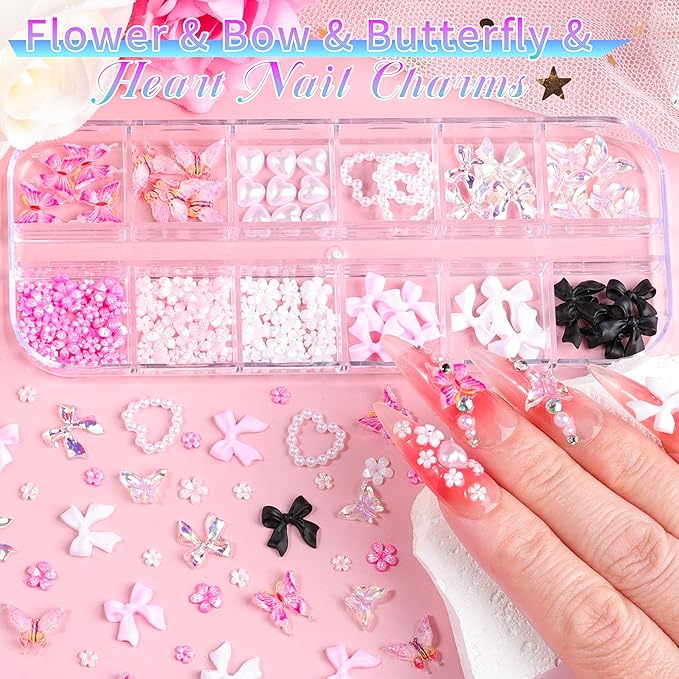 5 Boxes Gold & Silver Metal Nail 3D Punk Studs Flower Petals Heart Bows Star Pearls Rhinestones Nail Charms Nail Art Jewels with Tweezers and Nail Brush and Wax Pen Picker (10-multishapes charms)