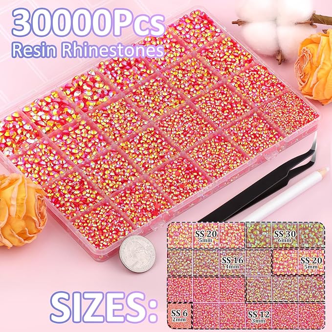30000Pcs Red AB Rhinestones for Bedazzling with B7000 Jewelry Glue, Bedazzler Kit Bulk Flatback Gems, Resin Rhinestones for Crafting Crafts Clothing Shoes Fabric Nail Art Assorted Size 2/3/4/5/6mm