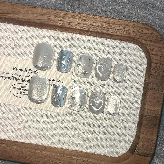 Press on Nails Short Squoval Square, Diamond Dust Hearts Holographic False Nails,Cat Eye Glow Glue on Nails,Icy Shimmer Fake Nails Kit,Luxe Sweet Ins Design False Nails with Tools 10pcs(M)