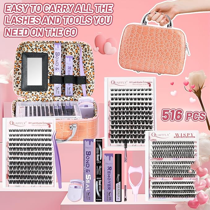Lash Extension Kit, 516Pcs Individual Cluster Eyelash Extensions with Lash Bond&Seal Remover Tweezer Brush Lash Curler Lash Assistant Stylish Portable Makeup Bag DIY Lash Extensions at Home