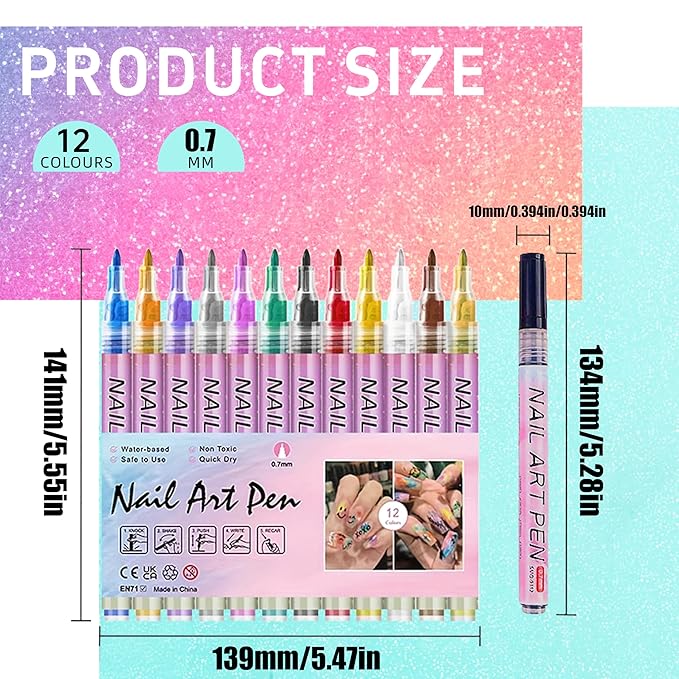 12-Color 3D Nail Art Pen Set with 0.7mm Ultra-Fine Flexible Tip for Professional Dotting Lining Gradient and Floral Design DIY Manicure Tools Perfect Valentine's Day Gift