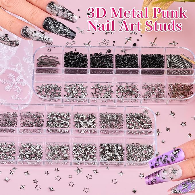 6 Boxes 3D Metal Nail Art Charms, Gold Silver Black Star Cross Nail Studs Metallic Caviar Beads for Nails Design Y2K Charms Punk Nail Chains Nail Decorations with Tweezers for DIY Manicure Supplies
