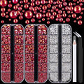 4000PCS Flatback Rhinestones and Half Round Pearls Kit #19, Multi Size Glass Clear Crystals, Plastic Flat Back Red AB Dome Bead with Pickup Pencil and Tweezer for Nail Art