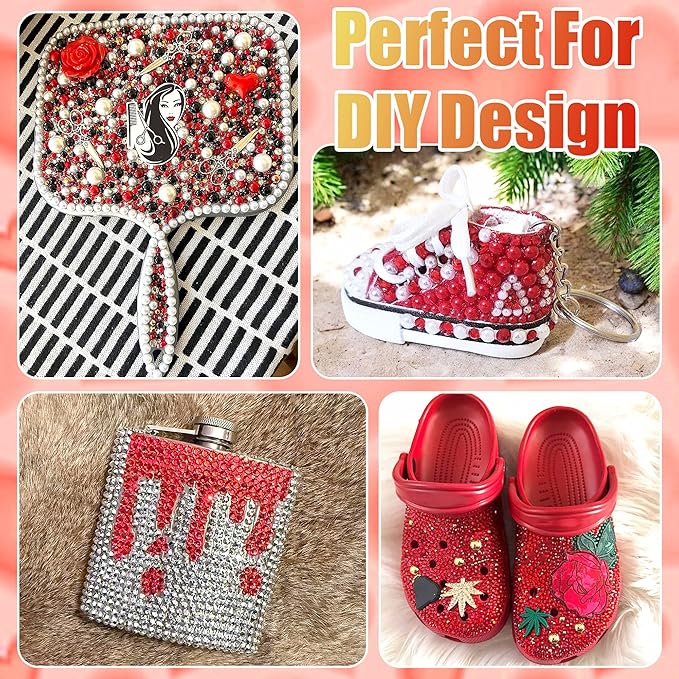 RODAKY Red Rhinestone Resin Flatback Gems AB Jelly Rhinestones for Bedazling Valentine's Day Crafting 2Pcs 10ml B7000 Jewelry Glues Tweezers Dotting Pen Clothing Shoes Nail Art