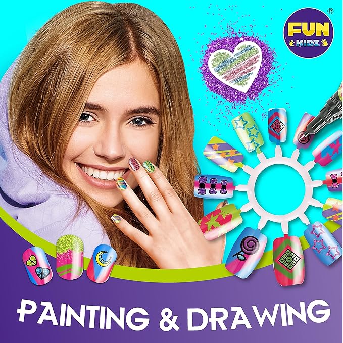 Kids Nail Kit for Girls Ages 7-12, FunKidz Ultimate 315Pcs Nail Polish Pens Combo Pack Size 17.91Wx12.4L Glitter Temporary Nail Supplies for Teens SPA Makeup Kit