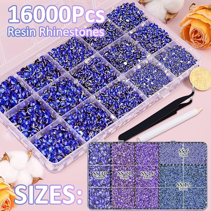 16000Pcs Resin Rhinestones for Crafting, Royal Blue Non Hotfix Flatback Gems, Bedazzling Crystal with 3Pcs 10ml B7000 Jewelry Glue for DIY Crafts Clothing Tumblers Shoes Fabric Nail Art