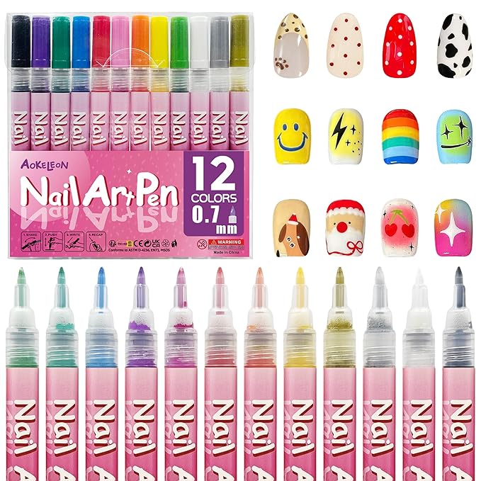 12 Colors Nail Art Pens Set 3D Nail Polish Pens Graffiti Dotting Pen Acrylic Paint Pens Point Liner Pen Drawing Painting for Nails Art Design Manicure Nail DIY Decoration (Multi-color B)