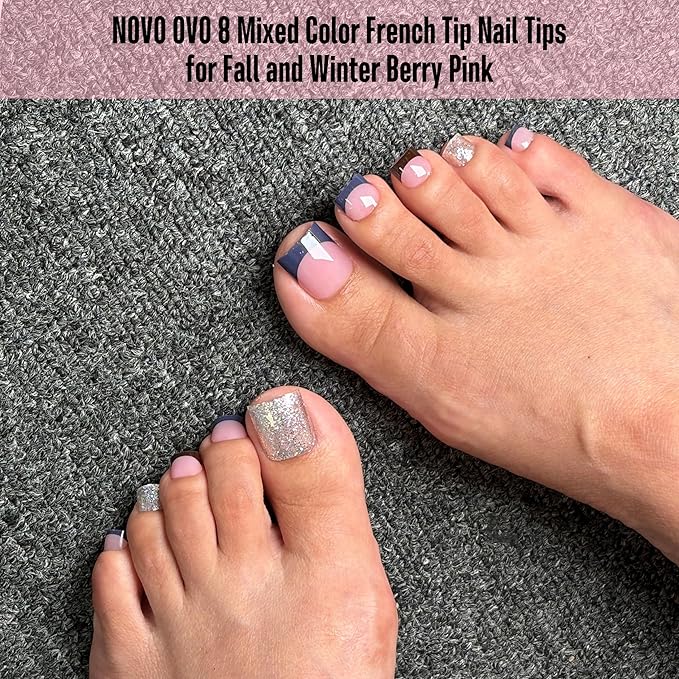 NOVO OVO Halloween Christmas Fall Autumn Colorful French Tip Toe Nail Tips Press on 8 MIXED WINTER COLOR, Sharp Square Toenail BERRY PINK Toenail Extension, Full Cover Acrylic DIY x 15 Sizes 240 pcs