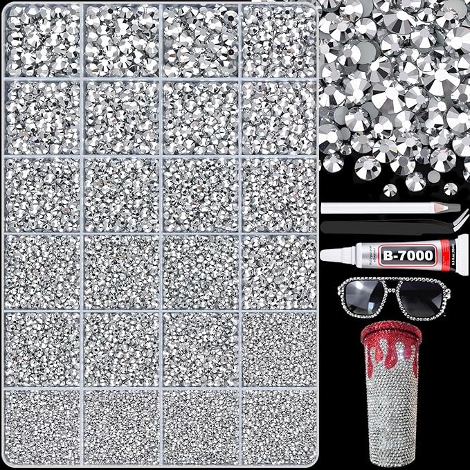 25000Pcs Silver Rhinestones for Bedazzling with B7000 Jewelry Glue, Non Hotfix Flatback Gems, Crystal Resin Rhinestones for Crafting Crafts Clothing Tumblers Mugs Shoes Fabric Decor Nail Art