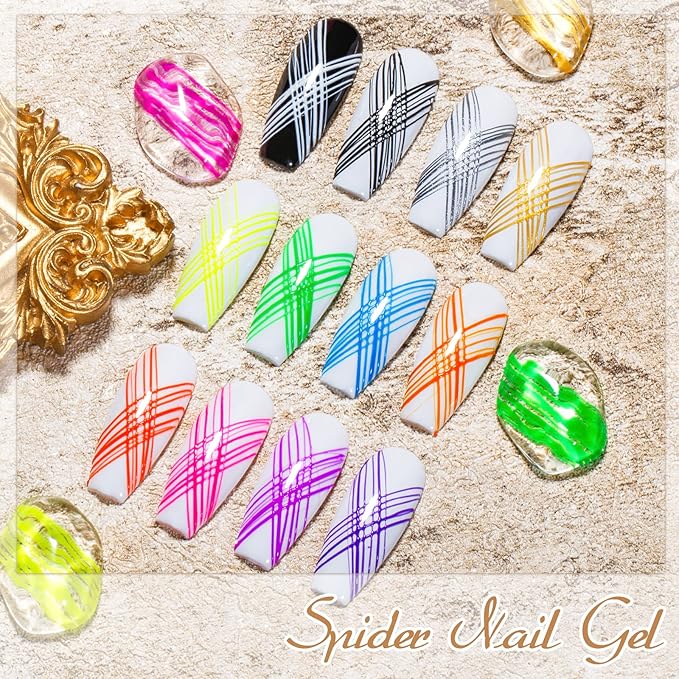 12 Colors Luminous Spider Gel, Glow In The Dark Spider Gel for Nail Art, Elastic Wire Drawing Gel for Line with Brush, Soak off UV LED Drawing Gel Nail Art Design Gel with Neon Fluorescent Effect