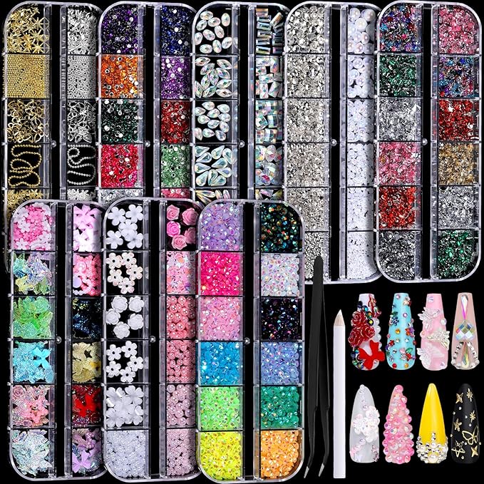 FANDAMEI Nail Charms, Nail Rhinestones Kit with 8 Boxes of Nail Gems, 3D Charms for Nails, Colorful Clear Flatback Rhinestones, Charms Y2K for Nails, Multi Shape Pearls Jewels for Crafts