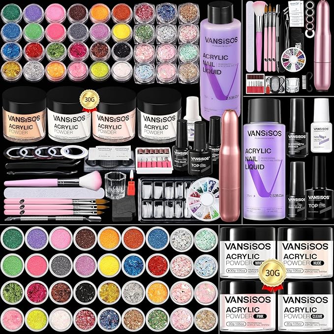 Professional Acrylic Nail Kit with Drill: Complete Nail Kit with Everything Acrylic Powder and Liquid Set with Glitter Powder Brushes X-Strength Primer for a DIY Home Salon Experience