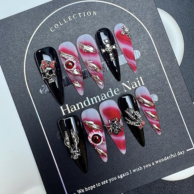 100% 5D Handmade Press on Nails Halloween Nails Balck Long Stiletto Nails Press ons Gothic False Nails with Skeleton Evil Eye Spider Charms Fake Nails for Women Girls Daily Wear DIY Manicure Size L