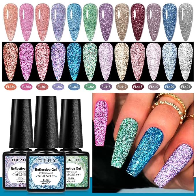 Reflective Glitter Gel Polish Set, 12 Colors Silver Pink Sparkly Glitter Shimmery Gel Polish Shiny Disco Soak Off Gel Nail Polish Nail Art Manicure Salon DIY at Home Gifts for Women Girls