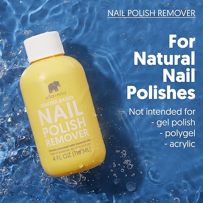 ella+mila Jojoba Nail Polish Remover - Non-Acetone, Non-Toxic Fingernail Polish Remover for Natural Nails - Vegan, Gentle Formula with Jojoba Oil & Vitamins A, C, E (4 fl oz)