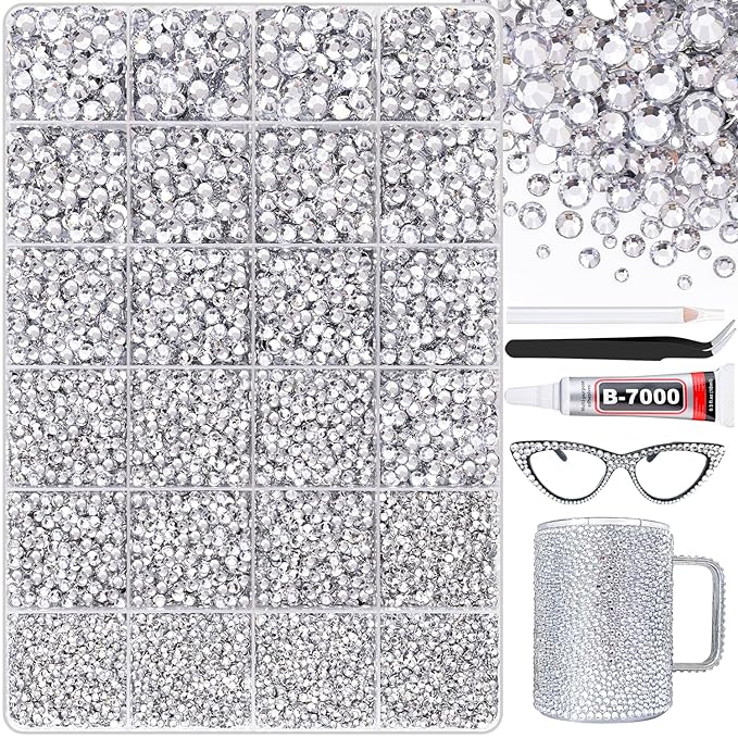 25000Pcs Silver Clear Rhinestones for Bedazzling with B7000 Jewelry Glue, Non Hotfix Flatback Gems, Crystal Resin Rhinestones for Crafting Crafts Clothing Tumblers Mugs Shoes Fabric Decor Nail Art