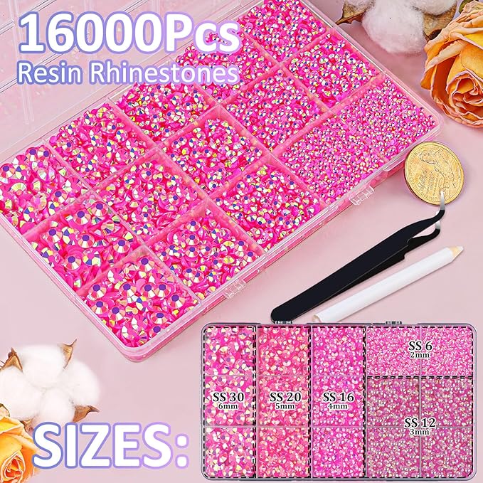 16000Pcs Resin Jelly Rhinestones for Crafting, Hot Pink AB Flatback Gems, Bedazzling Crystal with 3Pcs 10ml B7000 Jewelry Glue for DIY Crafts Clothing Tumblers Shoes Fabric Nail Art