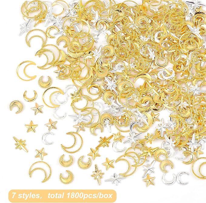 OLYCRAFT 1800Pcs Star Moon Resin Fillers Cosmos Theme Brass Charms Cabochons Hollow Moon Epoxy Resin Accessories Alloy Epoxy Resins Supplies Nail Art Decoration - Golden & Sliver