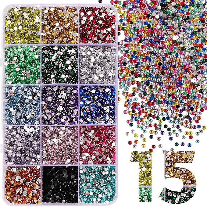 15000Pcs Flatback Rhinestones for Crafts, 3mm Mixed Color Crystals Rhinestone, Resin Glitter Gems Nail Diamonds Rhinestones for Clothes Accessories DIY