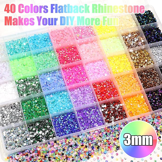 RODAKY Jelly Rhinestone for Bedazzling 40 Color Resin Rhinestones 3mm Flatback Gems Crystal Rhinestone Kit with 3Pcs 10ml B7000 Glue Diamond Jewels for Crafting DIY Art
