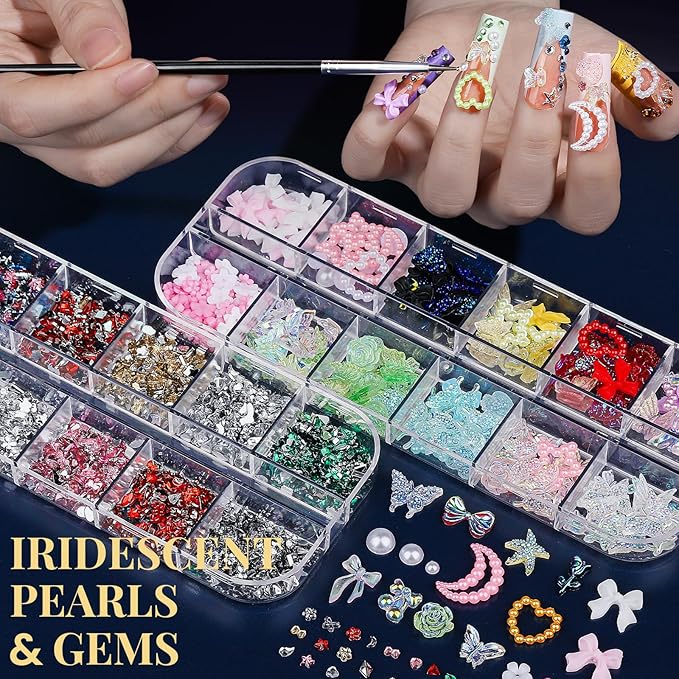 FANDAMEI Nail Art Brushes, Nail Art Kit with 15 Pcs Nail Art Brush, 5 Pcs Dotting Tools, 6 Box Nail Charms and Gems, 10 Flower Nail Stickers, Complete Nail Decoration Art with Nail Art Brushes Black