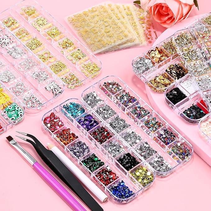 9 Boxes Nail Art Rhinestones Kit with 30 Sheets Nail Art Stickers, Gold Nail Studs Nail Sequins Flatback Pearls Rhinestones for Crafts, Small Fruit Nail Charms Tiny Gems for Nails DIY Decorations