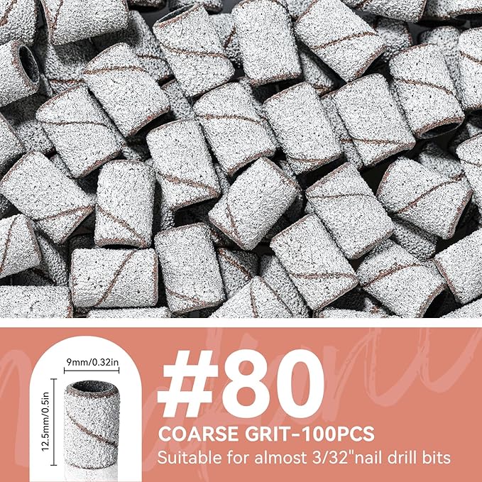 Makartt Sanding Bands for Nail Drill - 100 Pcs Nail File Sanding Bands for Drill Bits #80 Medium Grits for Acrylic Nails Gel Removing and Shaping, Upgrade Thicker Durable Sanding Drill Bit, White