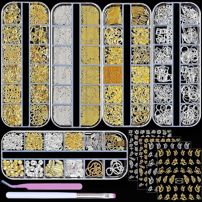 5 Boxes Gold Silver 3D Metal Punk Studs Star Moon Heart Triangle Ring Square Rivet Gems Nail Art Jewels and 4 Sheets Nail Stickers with a Curved Tweezers and a Nail Brush (Gold & Silver)