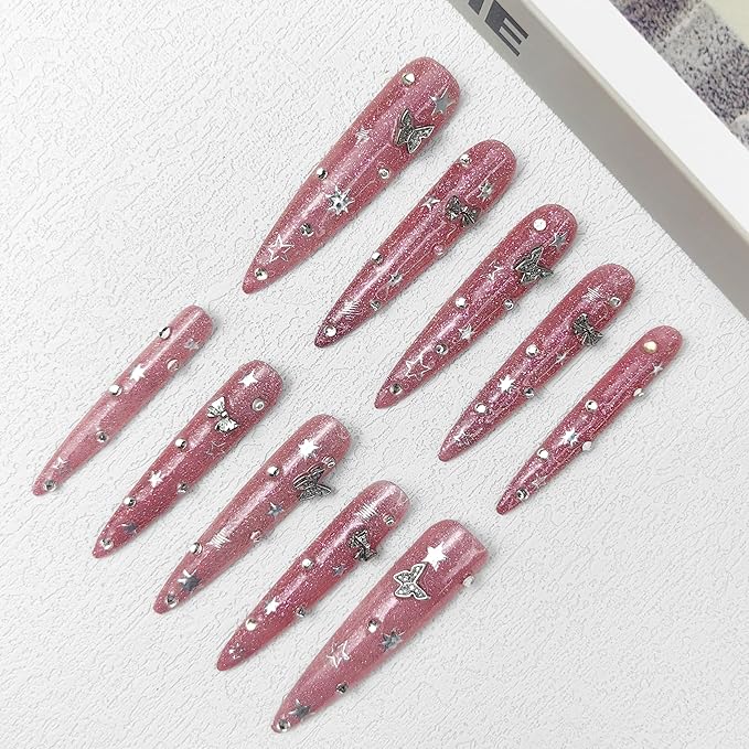 2025 Long Novel Design Reusable 100% Handmade Press-On Nails 10PCS PMMA Acrylic Nail Kit with Box Gifts for Women (Pink Mirage, Medium)
