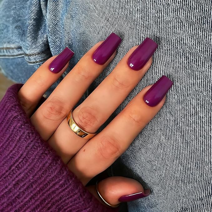 KQueenest Purple Press on Nails Long Medium Square, Berry Fake Nails Medium Coffin, Glossy Sheer Color Acrylic Nails Press ons, Reusable Dark Soft Gel Glue on Nails for Women DIY Manicure