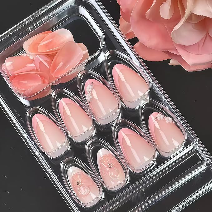 24Pcs Pink French Tip Press on Nails Short Almond Fake Nails with 3D Flower Pearl Design Crystal Acrylic Nails White Floral Artificial Nails Glossy Reusable Pink White French Stick On Nails for Women
