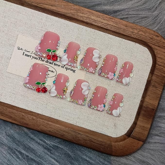 Duckbill Shape Press on Nails with Kit,3D Floral Carving Cherry Blush Pink Fake Nails with Tools,Sparkling Icy French Tips False Nails with Rhinestone,Sweet Glazed Artificial Duckbill Nails(M)