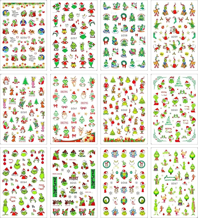 12Sheets Christmas Nail Art Stickers Green Fun Cartoon Santa Claus Designs Nail Decals Xmas Tree 3D Self-Adhesive Winter Holiday Nail Decoration Xmas DIY Manicure Accessories Supplies for Women Kids