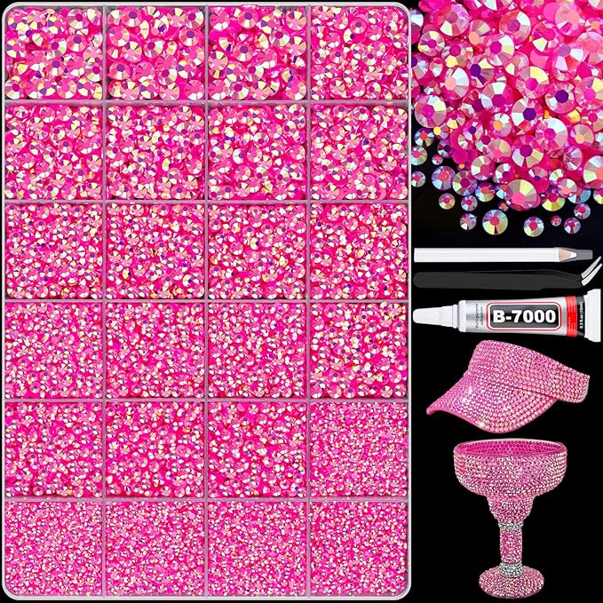 25000Pcs Hot Pink AB Rhinestones for Bedazzling with B7000 Jewelry Glue, Non Hotfix Flatback Gems, Crystal Resin Rhinestones for Crafting Crafts Clothing Tumblers Mugs Shoes Fabric Decor Nail Art
