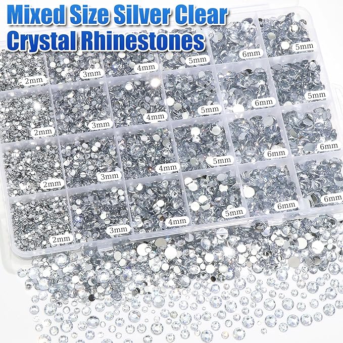 RODAKY Silver Clear Rhinestone Flatback Resin Gems for Crafts Bedazzling Crystal Diamonds 2Pcs 10ml B7000 Jewelry Glues Tweezers Dotting Pen for DIY Crafts Clothing Shoes Nail Art
