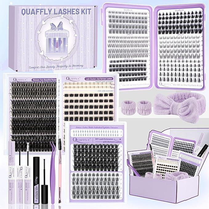 Lash Clusters Kit 949pcs Natural Cluster Lashes With Bottom Lash Manga Lashes with Lash Bond and Seal Remover Dual-Ended Brush Headband Wristband Tweezer Lash Extension Kit for Beginner