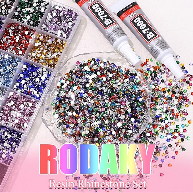 RODAKY 30000PCS Rhinestone for Bedazzling 3MM Flatback Crystals Jewels Resin Gems for Crafting 2PCS 10ml B7000 Glue Tweezer Rhinestones Kit for DIY Design Face Makeup Clothing Nail Art