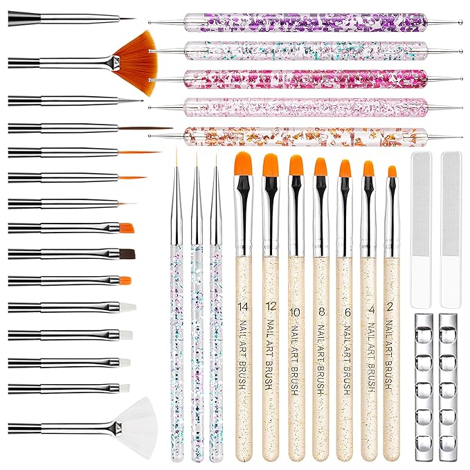 MYR 34Pcs Nail Art Brushes, Nail Art Brush Set, Nail Art Tools, including Nail Design Brushes, Nail Dotting Tool, Nail Drawing Pens, Nail Brush Brackets, Nail Nano Polishing Rubs