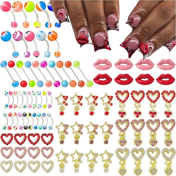 84PCS Nail Charms and Gems Gold Red Rhinestones for Nails Design，3D Heart Star Lip Piercing Y2k Nail Jewels Bulk Nail Art Decor Set