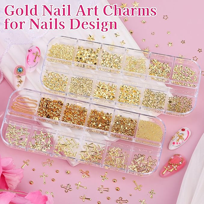 6 Boxes 3D Metal Nail Art Charms, Gold Silver Black Star Cross Nail Studs Metallic Caviar Beads for Nails Design Y2K Charms Punk Nail Chains Nail Decorations with Tweezers for DIY Manicure Supplies