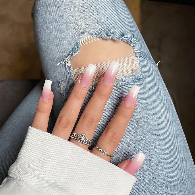 KQueenest Ombre Pink Press on Nails Long Medium Square, Gradient White French Fake Nails Medium Coffin, Glossy Acrylic Nails Press ons, Reusable Soft Gel Glue on Nails for Women Summer