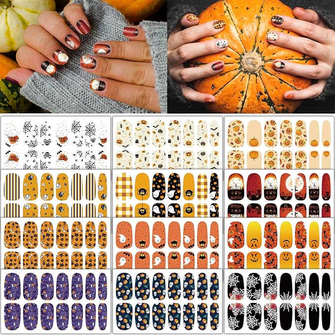 TailaiMei 12 Sheets Halloween Nail Wraps Stickers Nail Polish Strips Self-Adhesive Full Wraps with 2 pcs Nail Files for DIY Nail Art Decals (Pumpkin Style)
