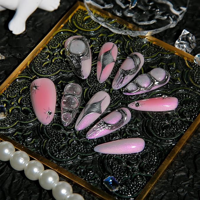 Metallic Press on Nails Long Stiletto,Sweet Cool Soft Gel With Aurora Designs,10Pcs/Box Acrylic Handmade Pink Purple y2k False Nails Press Ons For Women Gift(XS)