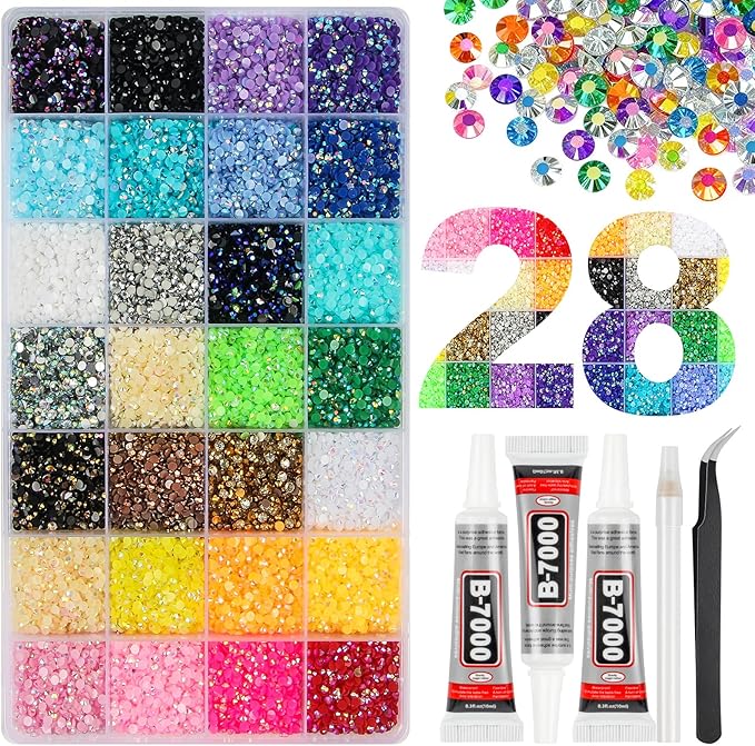 15000Pcs 28 Colors Jelly Resin Rhinestones for Bedazzling, 4mm Multicolor Flatback Gems for Crafting, Bedazzler Kit with 3Pcs 10ml B7000 Glue for Clothes Shoes Nail Diamond Art Makeup