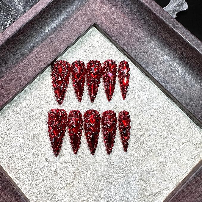 Long Almond Press on Nails Handmade Fake Nails Sparkly Red Rhinestones Full Cover False Nails with Designs Luxury Reusable Stick on Nail for Women 10Pcs(Size M)