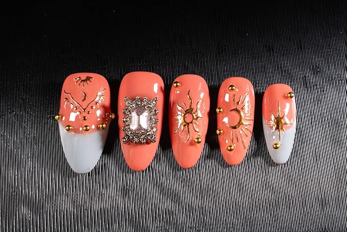 24Pcs Handmade Press on Nails, 3D Coral Pink Fake Nails with Medium Length Almond, Cute Blue French Tips Manicure Kit with Gold Lines for Women